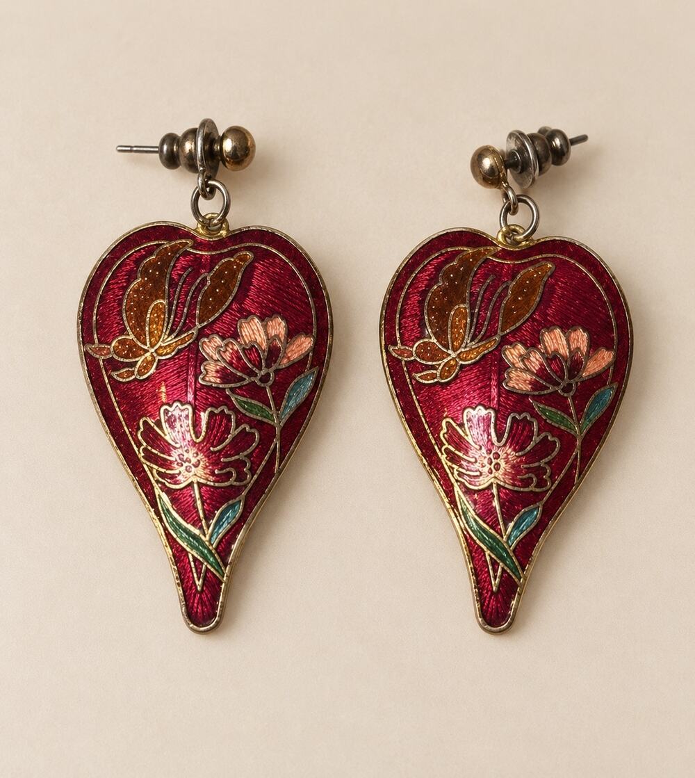 Vintage cloisonné enamel heart earrings